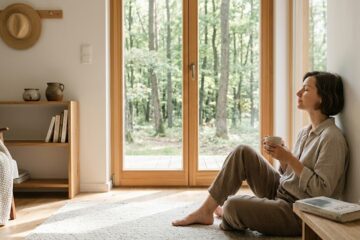 kobieta siedząca z herbatą na podłodze niedaleko okna, za którym jest las